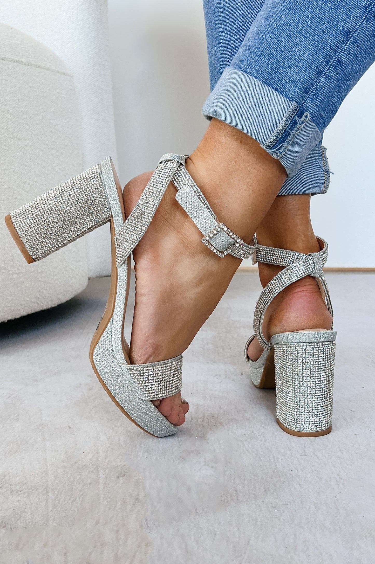 Puttin' On The Rizz Rhinestone Platform Block Heels (Silver)