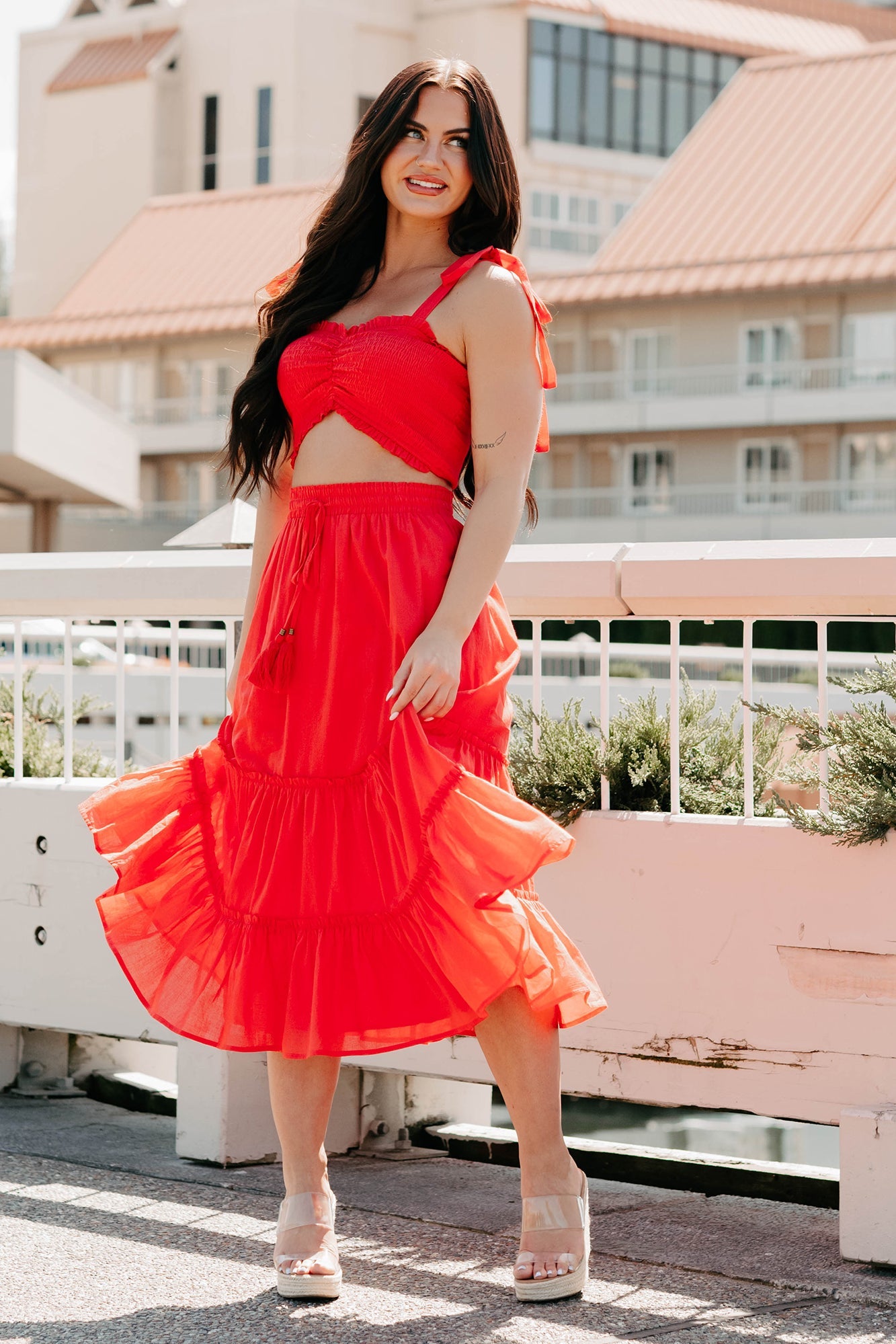 Soulful Glow Crop Top & Midi Skirt Set (Red)