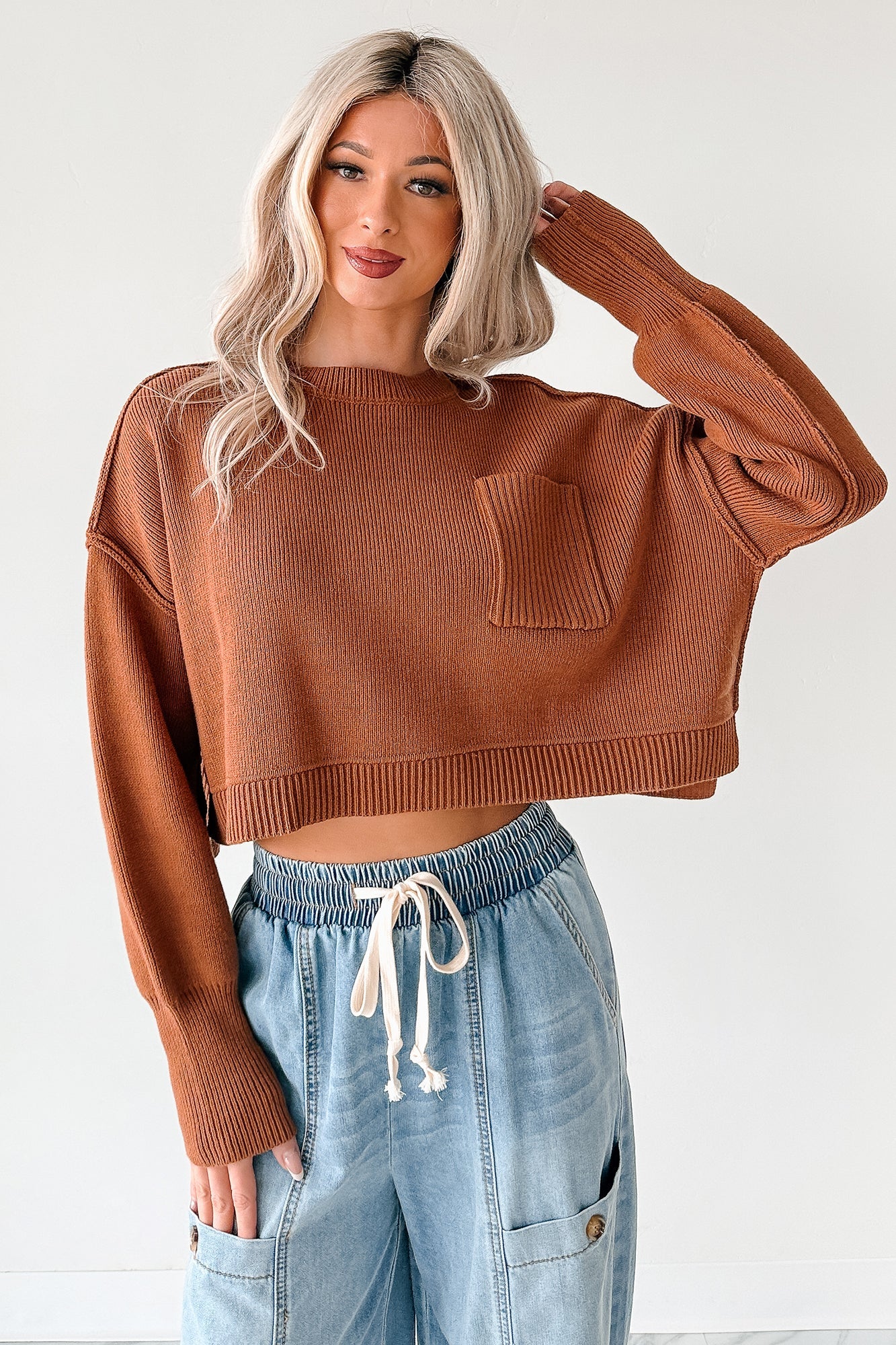 Warm December Ribbed Crop Sweater (Brown)