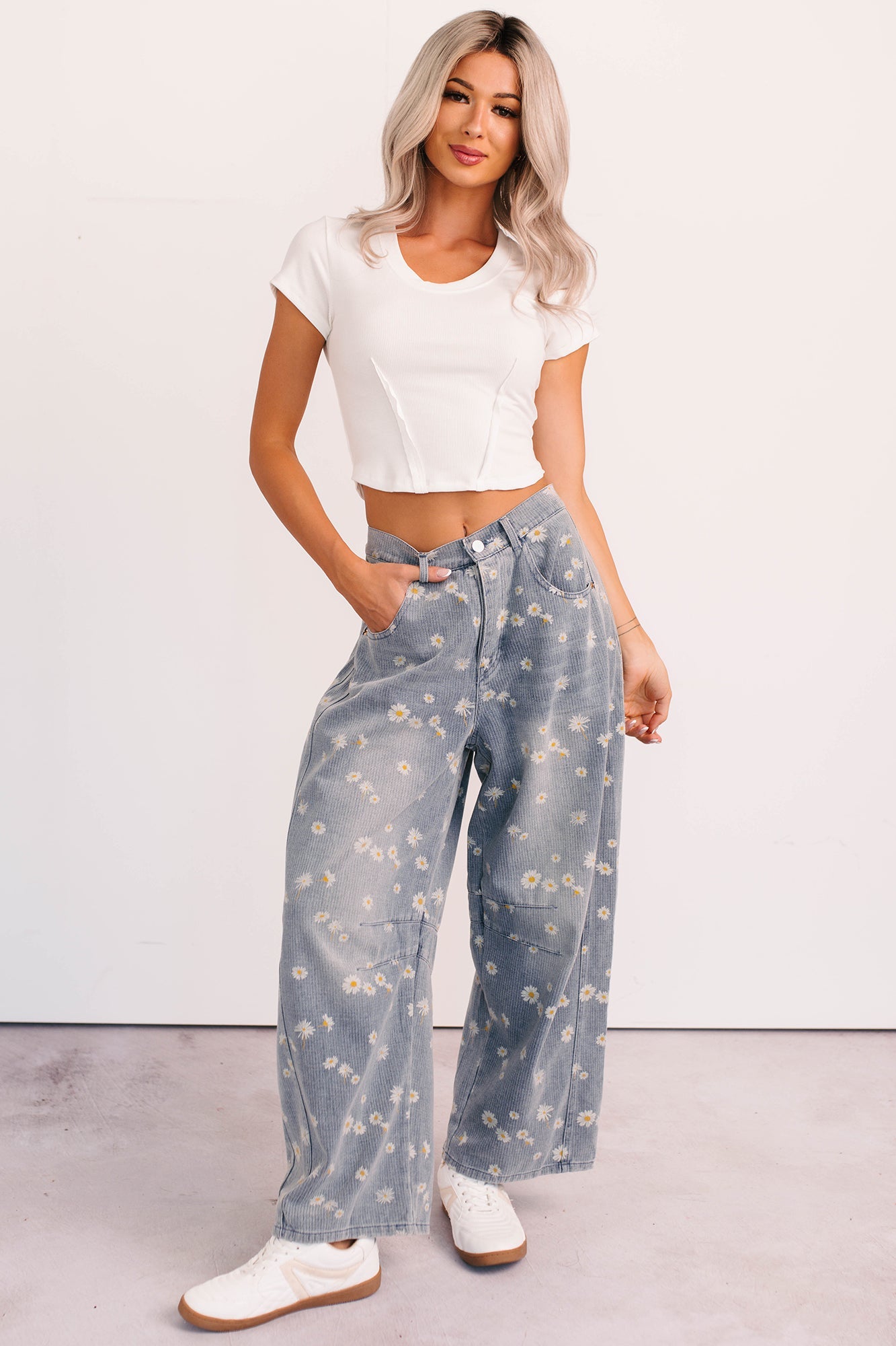 Rae Floral Stripe Wide Leg Barrel Jeans (Denim)